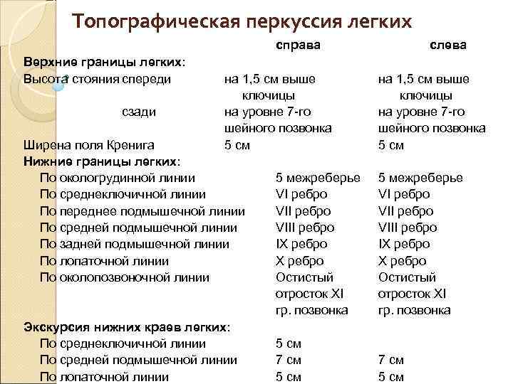 Схема сравнительной перкуссии легких